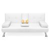 White Faux Leather Convertible Sofa Futon with 2 Cup Holders