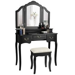 Tri-folding Vanity Makeup Dressing Table Set with Cushioned Stool