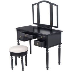 Black / White Vanity Makeup Dressing Table with Tri Folding Mirror + 5 Drawers