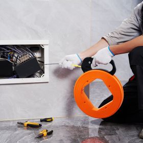 Fish Tape Wire Cable Line Puller 100ft 1/16in Fiberglass High Plastic Case (Color: Orange)