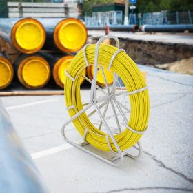 Fish Tape Fiberglass, 425 Ft, 1/4 Inch, Duct Rodder Fishtape Wire Puller, Cable Running Rod With Steel Reel Stand, 3 Pulling Heads, Fishing Tools (Color: Yellow)