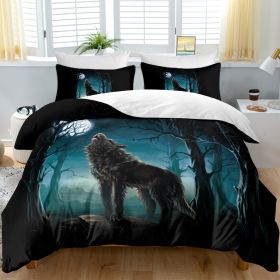 Moon Wolf Bedding Green Watercolor Forest Wolf Landscape Duvet Cover Sets 3 Pieces Wild Animal Bedding Set Twin Full Queen King Size (Option: King-Black)