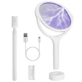 3 In 1 Electric Bug Zapper Racket 90Degree Rotating Bug Zapper Wand Indoor Outdoor Handheld Mosquito Swatter With Telescopic Extension Wand (Color: White)