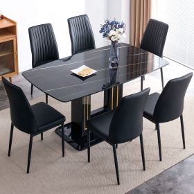 7-Piece Faux Marble Dining Table Set, Glass Rectangular Kitchen Table for 6-8, Modern Black Faux Marble Dining Room Table with MDF Base (Color: Black+Black, Material: MDF+glass)