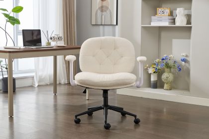 Criss Cross Chair with Flip-Up Armrests, Rolling Cross Legged Office Chair, Comfy Wide-Seat Swivel Chair for Women (Color: Beige)