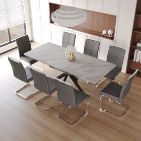 62.4" extendable 78.15" dining Table Set for 6-8 Person for Dining Room (Color: Grey Top+Grey PU+Plating Leg+8IN1)