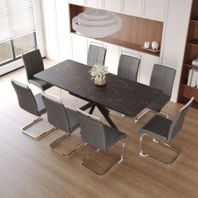 62.4" extendable 78.15" dining Table Set for 6-8 Person for Dining Room (Color: Black Top+Grey PU+Plating Leg+8IN1)