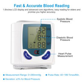 1Pc Blood Pressure Monitor Wrist Digital High Blood Pressure Cuff Heartbeat Tester With 60 Reading Memory 1.8 Inches LCD Screen Storage Box (Color: White)